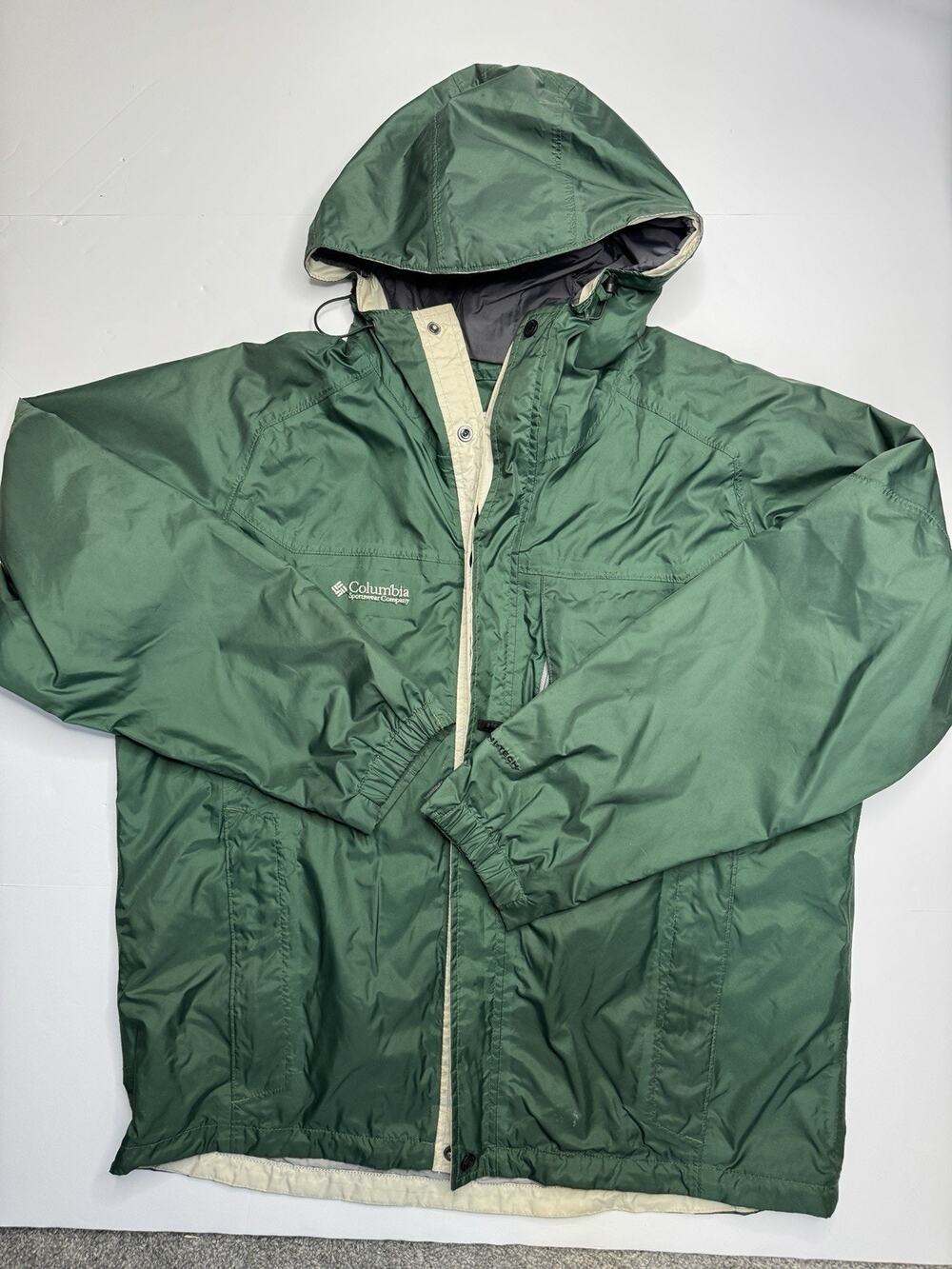 Columbia Jacket Mens L Green Hooded Waterproof Rain Windbreaker Outdoor Nylon